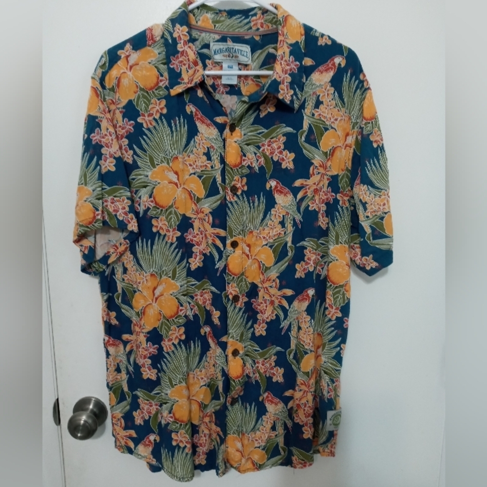 Margaritaville Button up Hawaiian style Floral and Parrots All over.print Shirt